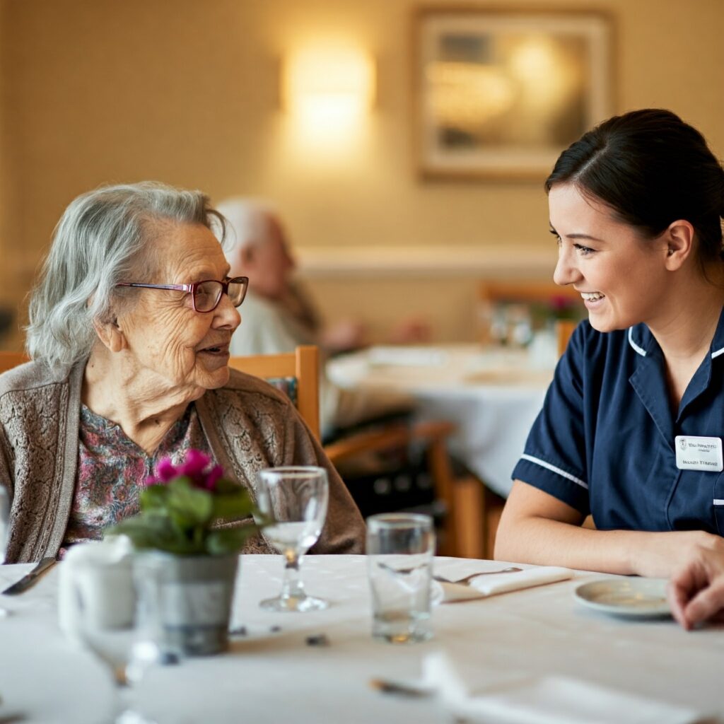 A resident and nurse chatting at the dinner table.