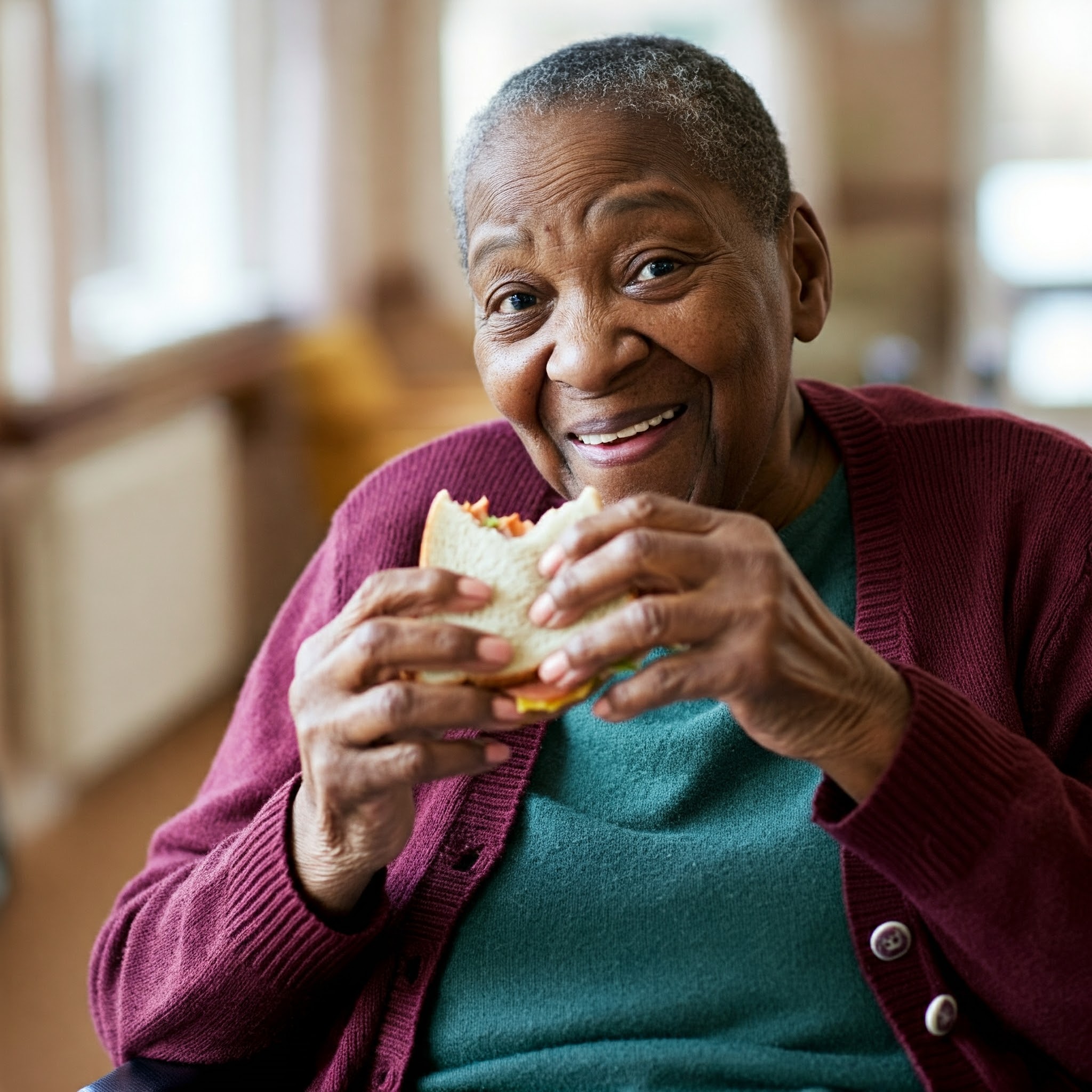 A resident eating a sandwich